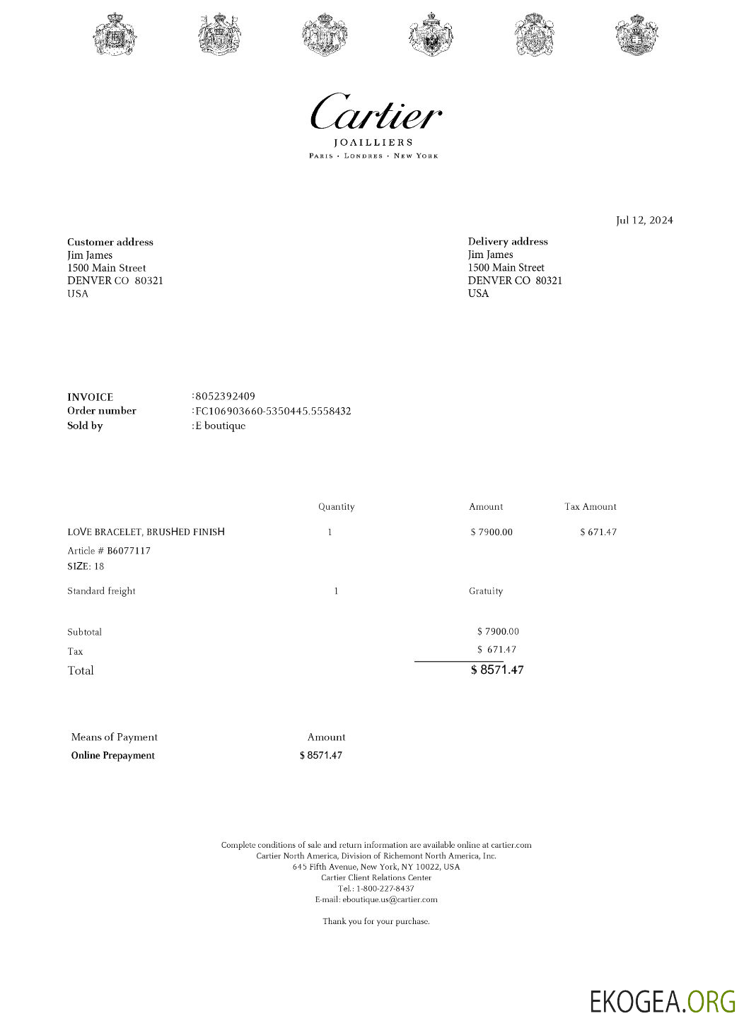 Reçu de paiement Cartier